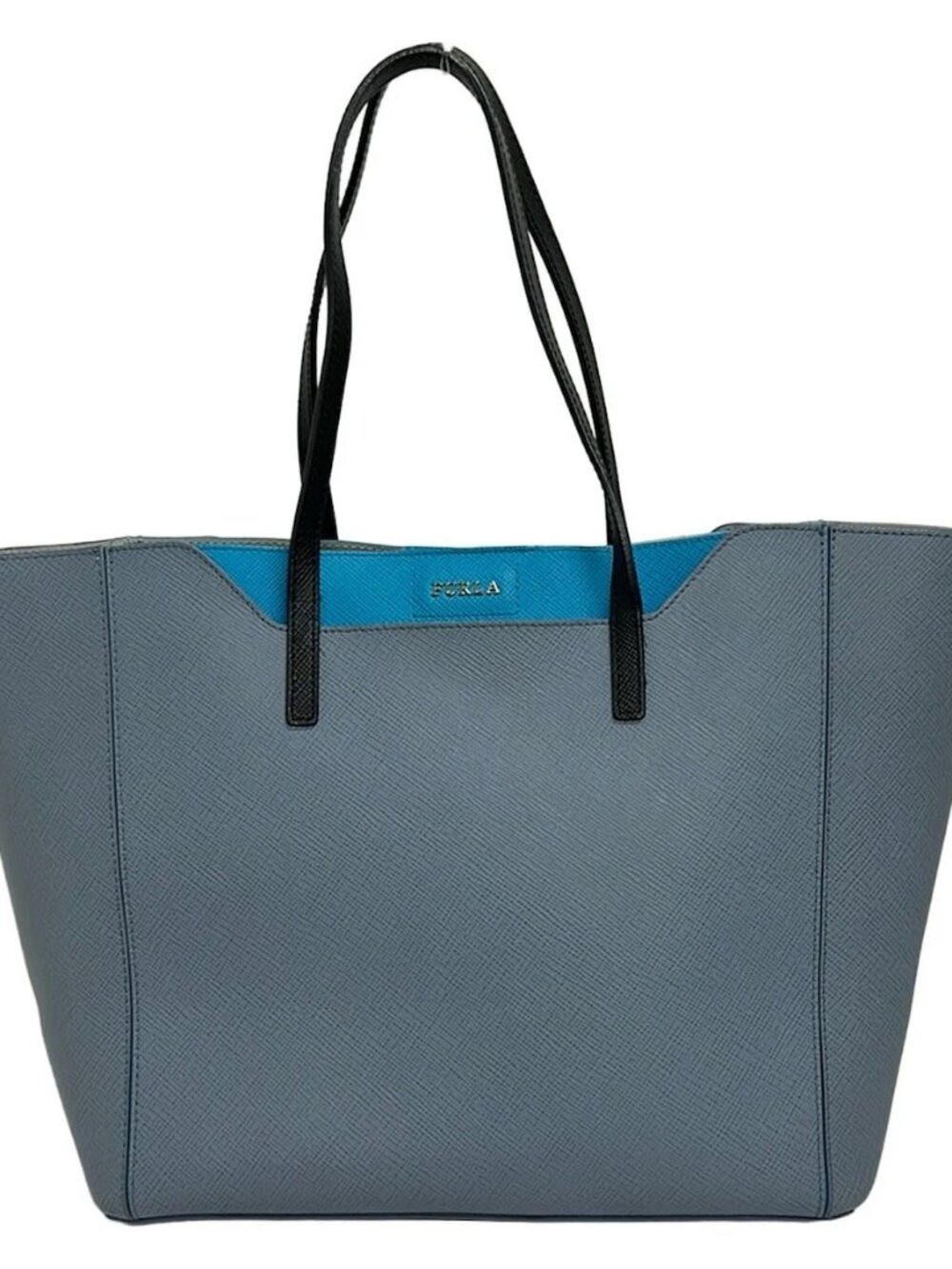 FURLA Blue Gray Light Blue Black Leather Tote Bag